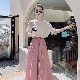 [夏服 韓国ファッション]ワンピース 配色 ファッション 春夏ラウンドネック ハイウエスト Aライン 五分袖 重ね着風