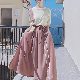 [夏服 韓国ファッション]ワンピース 配色 ファッション 春夏ラウンドネック ハイウエスト Aライン 五分袖 重ね着風