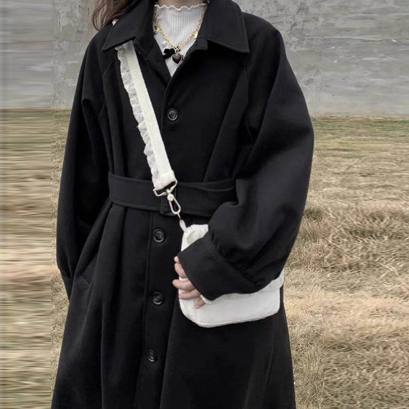 無地 長袖 シンプル 韓国系 ランタンスリーブ ベルト付き ボタン ロング 秋冬 折襟 シングルブレスト ブラック コート
