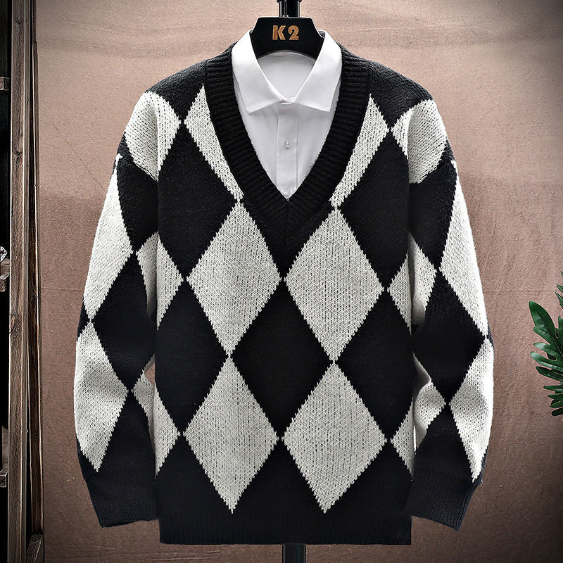絶対流行 セーター ファッション カジュアル レトロ ジャカード 配色 幾何模様 Vネック 秋冬 メンズ セーター