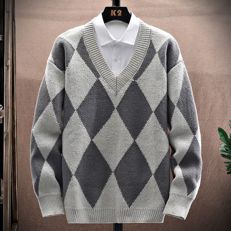 絶対流行 セーター ファッション カジュアル レトロ ジャカード 配色 幾何模様 Vネック 秋冬 メンズ セーター