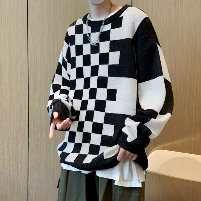 セーターファッションカジュアル韓国ファッション オシャレ 服一般一般ラウンドネックプルオーバー切り替えチェック柄配色