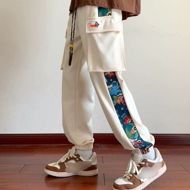 カジュアルパンツファッションカジュアル韓国ファッション オシャレ 服切り替えプリントロング丈配色