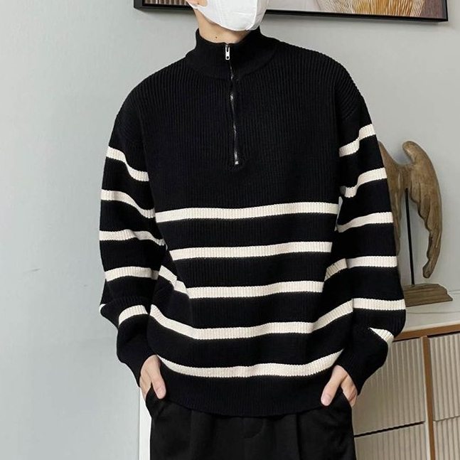 セーターシンプル韓国ファッション オシャレ 服長袖一般スタンドネックハーフ ジップなしボーダー