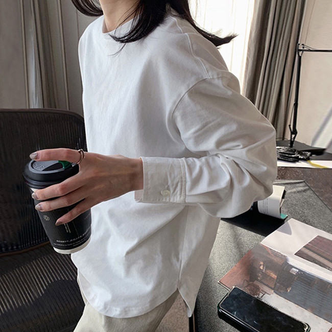 Ｔシャツ・POLOシャツシンプル韓国ファッション オシャレ 服長袖一般ラウンドネックプルオーバーなし無地
