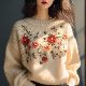 セーター・カットソーモードきれいめ系韓国ファッション オシャレ 服長袖一般ラウンドネックプルオーバー刺繍花模様