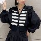カジュアルシャツ・シフォンブラウススウィート韓国ファッション オシャレ 服レディース長袖一般パフスリーブピーターパン・カラーシングルブレストレイヤード / 重ね着風切り替えボーダー骨格ナチュラル